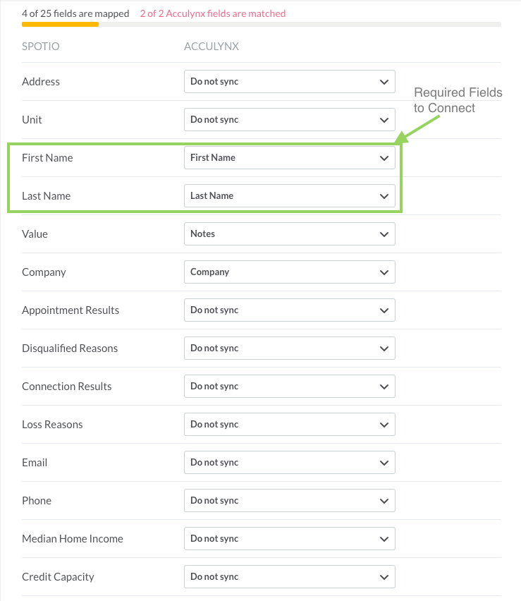 Acculynx SPOTIO integration field mapping